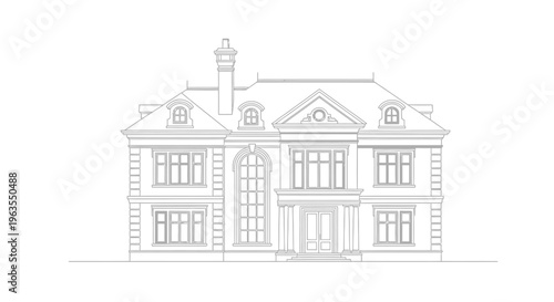Detailed outline drawing of a classic elegant house or mansion, architectural blueprint style, isolated white background.