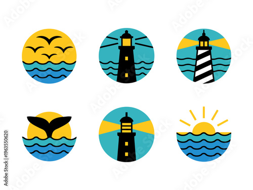 Set of circular nautical featuring lighthouses ocean waves birds and whale tail