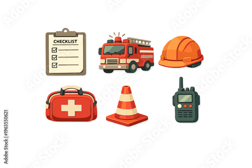 Fire safety tools and equipment for emergency response in a checklist format with various items shown