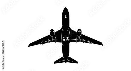 Black Silhouette Airplane Flying Top View isolated white background