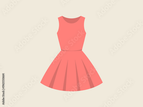 Simple coral pink sleeveless A-line dress with pleated skirt against a neutral background