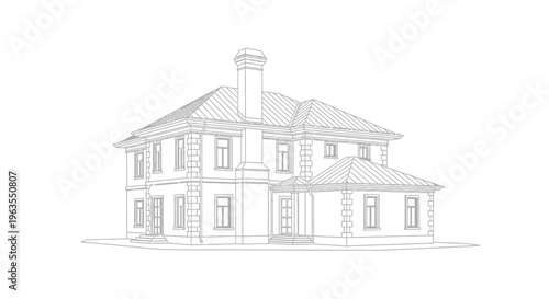 Elegant Neoclassical House Exterior Line Drawing with a Grand Facade and Chimney on an Isolated White Background
