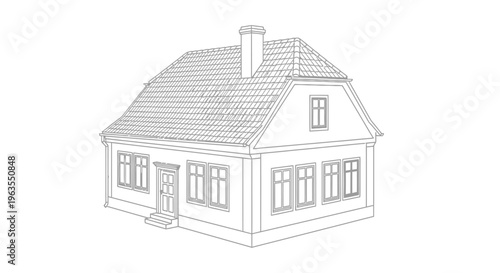 Classic Single-Family House Line Art Drawing with Detailed Facade on Isolated White Background