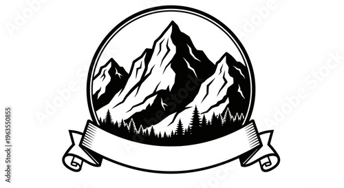 Outdoor Adventure Emblem with Mountain Peaks and Pine Forest in a Circle with a Blank Ribbon Banner on an Isolated White Background