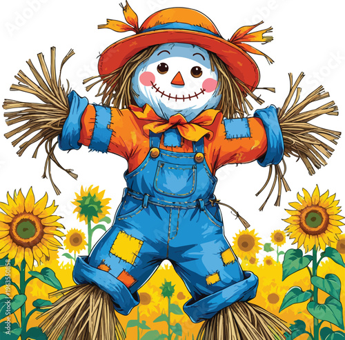  Funny scarecrow dancing in field, quirky sticker style