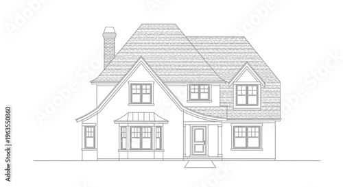 Architectural Line Drawing of a Traditional Two-Story House with a Dormer Window on an Isolated White Background