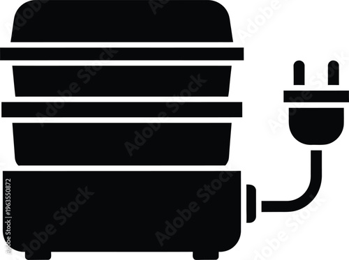Simple black icon depicting a multi tiered electric warmer or food steamer