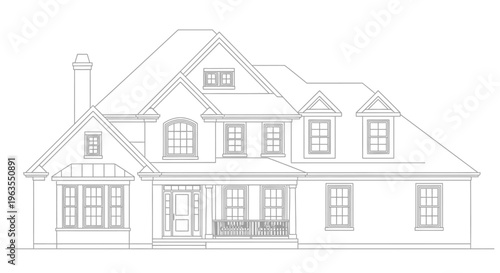 Detailed Line Art Drawing of a Large Traditional House Exterior on an Isolated White Background