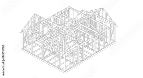 Architectural blueprint of a house wooden frame construction in isolated white background.