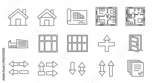 Set of architectural house and building plan line icons in isolated white background.
