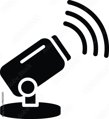 Simple black silhouette of a microphone with broadcasting sound waves