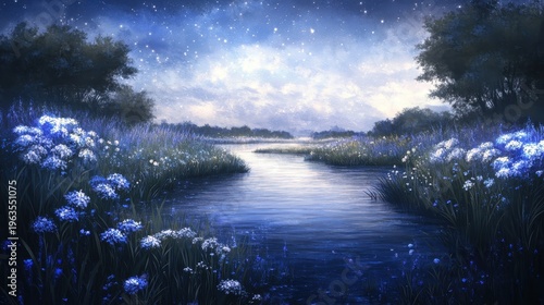 Breathtaking Nighttime Landscape Painting of a Serene River Reflecting a Starry Sky
