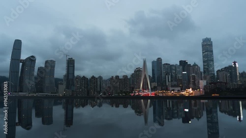 Chongqing Yuzhong District skyline at dusk with reflections