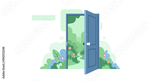 Blue Door Open to Green Garden Scene.