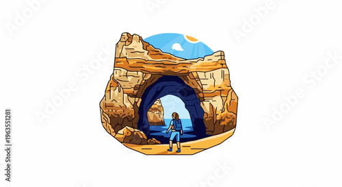 Pixel art adventurer gazes at a sunlit ocean through a rocky cave entrance