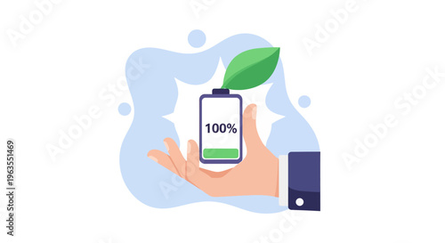 Hand holding fully charged battery with leaf.