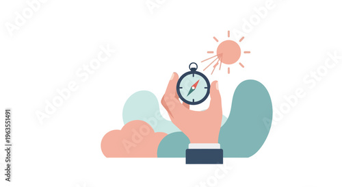 Hand holding stopwatch with sun icon.