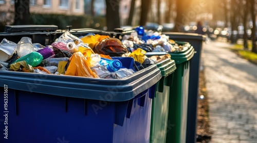Overflowing Recycling and Waste Bins Lined Up Outdoors on a Bright Daylight Street