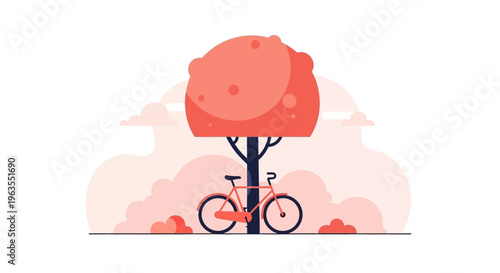 Bicycle leaning against tree trunk illustration.