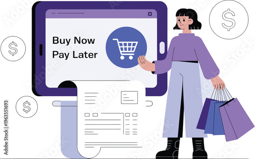 Buy now pay later concept illustration with woman shopping, installment payment, fintech service, ecommerce purchase and deferred payment option