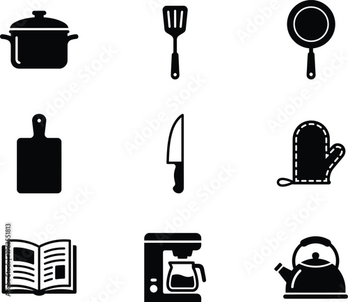 Kitchen utensils and cooking essentials icons