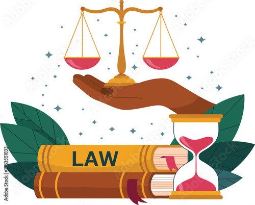 Law and justice concept illustration with balance scale, legal books and hourglass, judiciary system, fairness, legal rights and court process