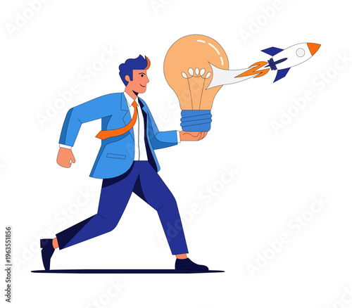 Businessman Walking with Lightbulb and Rocket Launch Flat Vector Illustration for Innovation and Startup Concept