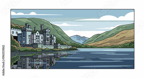 Pixel art castle by tranquil lake reflects misty mountains and cloudy skies