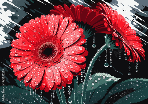Close-up view of blooming red Gerbera daisies glistening with water droplets, set against a dark, textured background with dappled light and shadows icon

