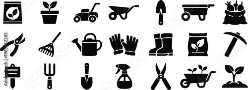 Gardening tools and equipment icons in black silhouette style