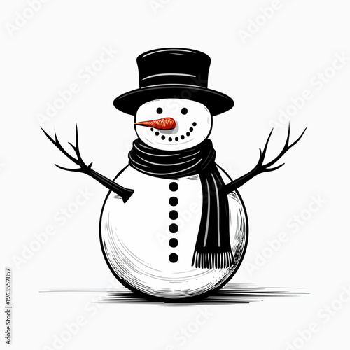 Snowman Wearing Black Hat Scarf.