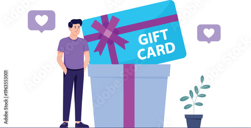 Gift card concept illustration with man and large present box, digital voucher, shopping reward, prepaid card and retail promotion design