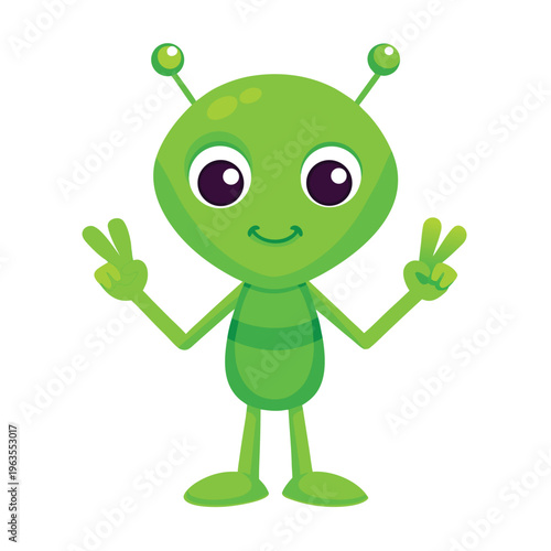 Cute Little Green Alien Showing Peace Sign 3D Cartoon Character Vector Illustration Clipart Line Art Design