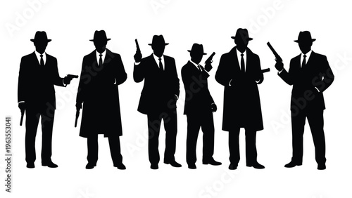 Silhouettes of six men in suits and hats holding guns