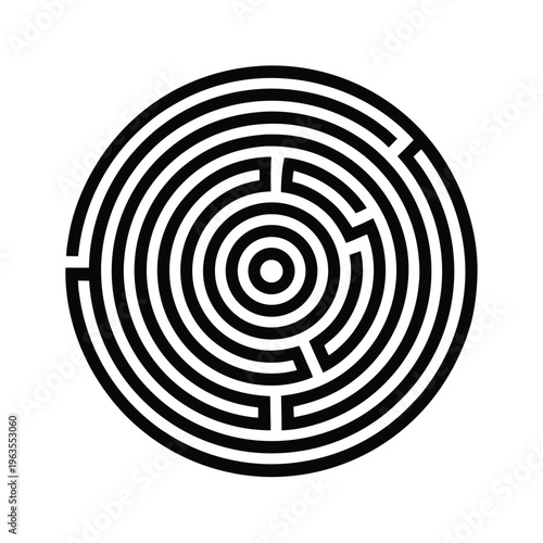 Simple Black Circular Labyrinth Vector Illustration – Minimal Maze Clipart Line Art Design for Printable Graphics