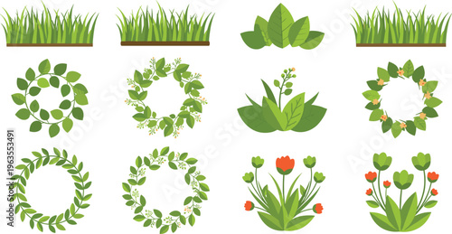 Collection of Hand-Drawn Greenery Vectors Featuring Grass, Leafy Wreaths, and Floral Designs for Nature-Inspired Illustrations and Decor