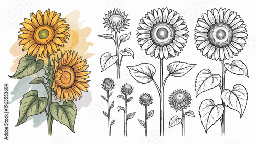 A vibrant illustration showcases a collection of sunflowers in various stages of bloom combining color and monochrome sketch styles high quality professional detailed modern elegant stylish
