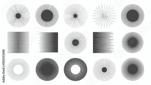 An arrangement of fifteen abstract circular and linear designs in monochrome showcasing varying patterns and radial symmetry high quality professional detailed modern elegant stylish clean crisp