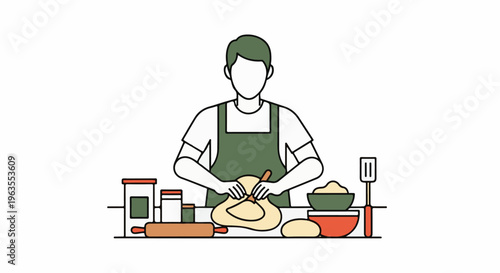 Person wearing apron kneading dough in a kitchen with utensils and ingredients