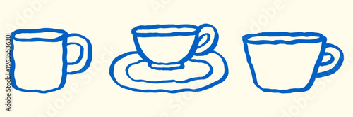 Hand-drawn cups in naive doodle style. Line sketch drawing