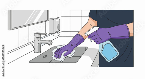 Person wearing gloves sprays cleaning solution while wiping sink