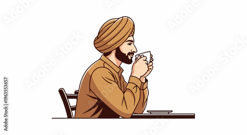 Person wearing a turban and traditional clothing drinks from a cup