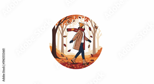 Person walking through autumn forest with falling leaves and bare trees