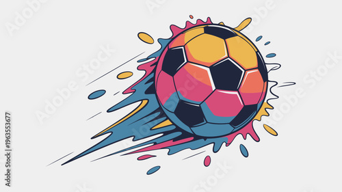 A vibrant illustration depicts a soccer ball in motion surrounded by a dynamic splash of colorful energy and streaks high quality professional detailed modern elegant stylish