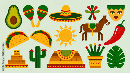 A vibrant collection of stylized icons represents mexican culture including food symbols and traditional elements in flat design high quality professional detailed modern elegant stylish clean