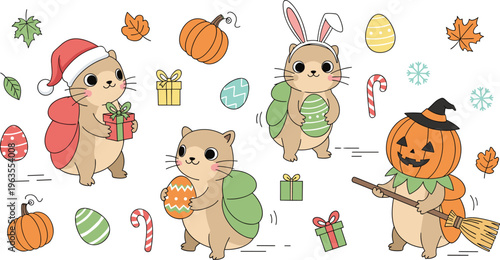 Cute Hamster Cartoon Vector Set Featuring Four Seasonal Costumes Including Santa, Easter Bunny, Gift Holder, and Pumpkin Witch with Leaves, Eggs, and Candy Isolated on White Background