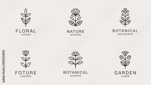 A collection of minimalist floral line art logos arranged in a grid featuring various botanical elements and text high quality professional detailed modern elegant stylish clean