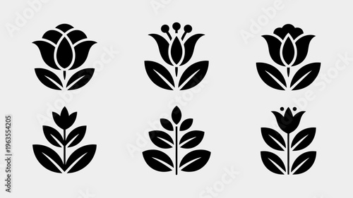 A minimalist arrangement displays six black tulip silhouettes each with varying degrees of bloom and leaf detail high quality professional detailed modern elegant stylish clean crisp