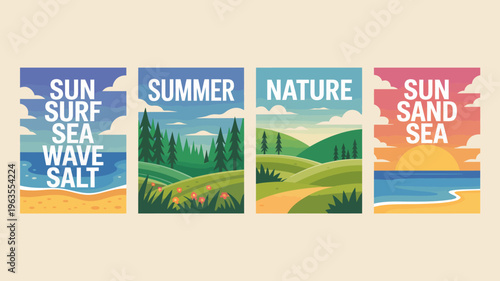 Four vibrant retro style travel posters showcasing summer themes sun surf nature and sand with corresponding landscapes and text high quality professional detailed modern elegant stylish