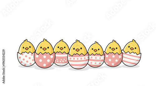 Tiny cartoon chicks hatching from colorful Easter eggs isolated on transparent background  